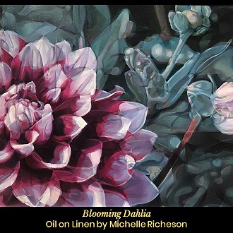 First Place: “Blooming Dahlia” by Artist: Michelle Richeson Judge’s comment: “Great unusual painting technique – reads well at a distance and close up – nice complimentary color scheme”