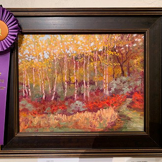 Best of Fall Colors Award: Fall Crescendo- By Daniel Rizzi. Judges notes- Besides the fall colors being the central theme of this painting, I really enjoyed the placement of the tree trunks, and the negative painting of the sky on the leaves. It gave the sense of the leaves rustling in the wind.