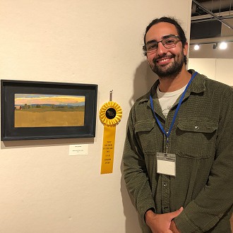 Sunshine Award:  Hector Acuna, GOLD RUSH. What a curious category:  the rendering of “sunshine”, which, to me, meant finding a SOPRANO YELLOW. I totally made up that color (soprano yellow) but just like the lyric soprano is a warm voice with a bright, full timbre, I was on the lookout for a warm yellow with a bright, full character, and I found it exquisitely rendered in this boldly painted landscape. This is a good example of SYNESTHESIA: I’m HEARING the color yellow, and I like how it sounds in this painting!