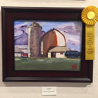 Merit Award- Judges notes: “Car Barn” by Judith Gahn Murphy is fresh. Fresh in the artist’s use of color and application of paint. It is a big painting on a little canvas.