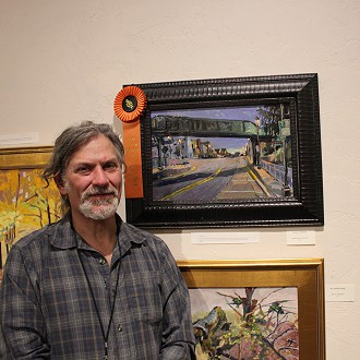 *SOLD*Best of Historic Town Award: 2 Hour Parking- By Troy Tatlock. Judges notes- From the moment I saw this painting I wanted to step into the street and walk into the nocturnal scene of this town. The brushwork and use of color in the foreground make it feel other worldly.