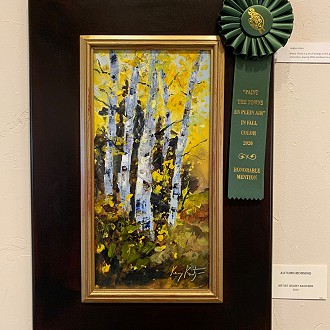 Honorable Mention: Autumn Morning- By Keary Kautzer. Judges notes- There is a lot of energy in this grove of birch trees. The artist has built up layers of shapes, ideas, and colors, leaving little windows to see what came about earlier in the painting.