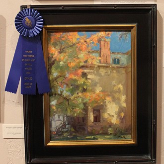 Best of Show by Artist Lori Beringer, “Pattern of the Past” Judges notes- This artist has created harmony and tension with dappled light, cool colors against warm colors, soft edges and hard edges. Strong vibrant blues, with softer yellows and oranges. Beautifully executed use of paint to capture the nuances of light on a variety of surfaces.