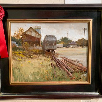 2nd Place: Off the Rail- By Marc Anderson. Judges notes- The rhythm of structures and soft empty spaces creates a wonderful composition. The detail captured with such loose brushstrokes is also very impressive.
