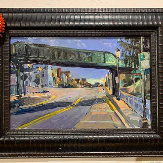 *SOLD*Best of Historic Town Award: 2 Hour Parking- By Troy Tatlock. Judges notes- From the moment I saw this painting I wanted to step into the street and walk into the nocturnal scene of this town. The brushwork and use of color in the foreground make it feel other worldly.