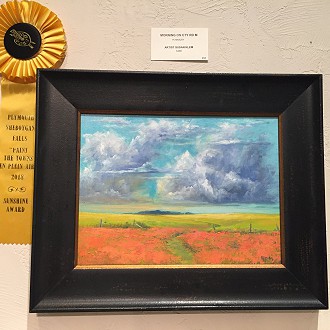 Sunshine Award- Judges Notes: “Morning on Cty Rd. M” by Susan Klem. This painting is sunshine. The landscape is inviting and warm, the kind of place you want to stretch your arms and take a deep breath!