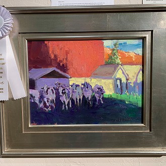 3rd Place: Autumn Dairy Farm- By Stephen Wysocki. Judges Notes- The complementary placement of purple in the shadow against the yellow sunlit wall is very striking in this painting. The artist’s use of strong saturated color is a dynamic way to lead the eye around the painting and away from the cows. Even the texture of the paint is a joy to look at.